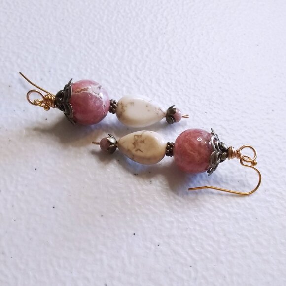Uniquely Handmade + One-of-a-kind Dangle Earrings! Huge Pink Rhodochrosite Beads - Picture 5 of 10